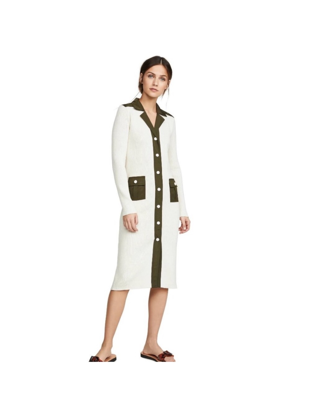 Ganni paradise redwood tech Button-Front Knit Midi Dress in Ivory and Olive